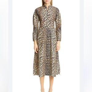 Ganni Leopard Cotton Poplin Zip Front Midi Dress Sz EU 36 US 4 Animal Black Tan